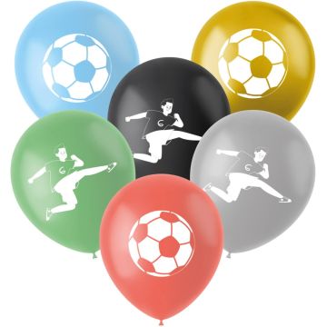 Set van 6 latex voetbal ballonnen (33 cm) in diverse kleuren, met voetbal- en voetballer-opdruk, perfect voor een sportief feestje