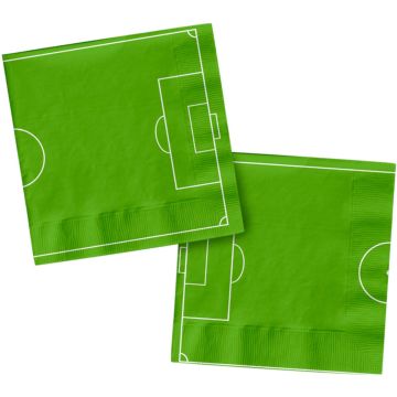 Groene voetbal servetten met voetbalveld-opdruk, set van 20 stuks, 33x33 cm, perfect voor een sportief feestje."
