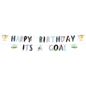Set van 2 kartonnen voetbal letterslingers (1.7 meter), met 'Happy Birthday' en kampioensbeker, en 'It's a Goal!' met goals-afbeeldingen, perfect voor een sportief feestje
