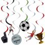 Set van 6 voetbal hangdecoraties (60 cm) van papier, met voetballen, voetballers en kampioensbeker, perfect voor een sportief feestje."